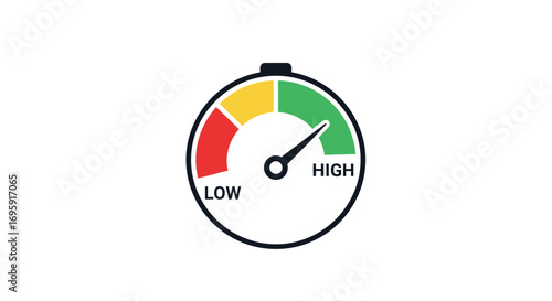 Close-up flat lay of a performance gauge showing high level, with red, yellow, and green segments against a white background, conveying a positive and productive mood.