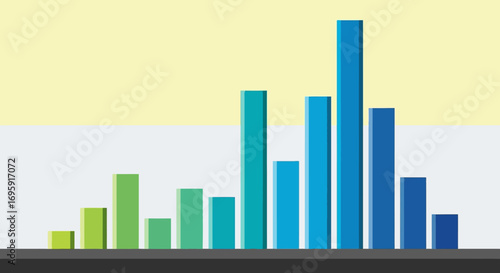 Flat lay image of a vibrant teal and green bar graph illustrating data growth against a pale yellow and gray background conveying a positive trend.