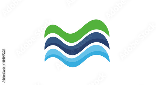 Close-up flat lay of three stylized blue and green wave lines against a white background, conveying a calm and refreshing mood; simple graphic design element.