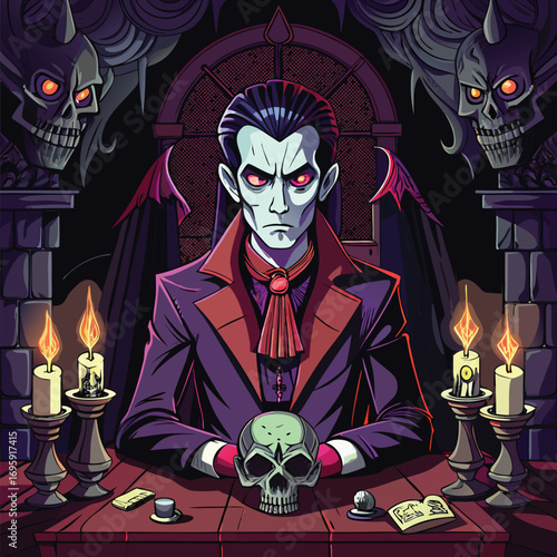 Vampire with skull and candles in dark room gothic