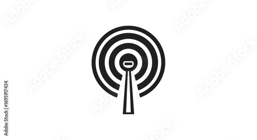 Simple black and white illustration of a wireless signal tower emitting waves against a clean white background, flat design style.