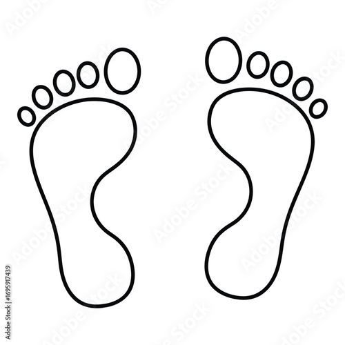 Art of simple outline of two bare human footprints, one left and one right, isolated on white background