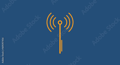 Minimalist graphic of a gold antenna transmitting wireless signals against a dark blue background, conveying a simple and technological mood.
