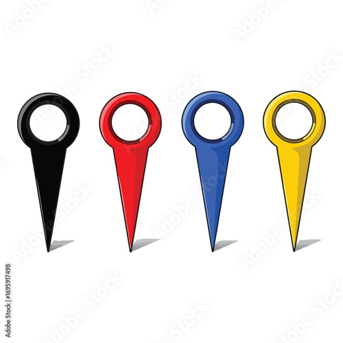 Art of four colorful map location pins in black, red, blue, and yellow, isolated on white background