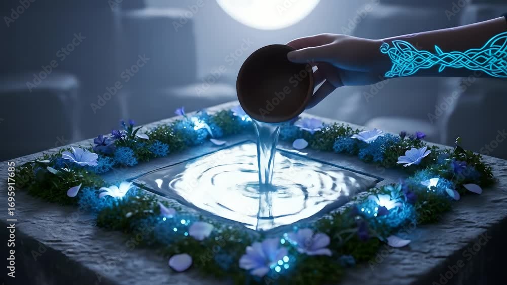 custom made wallpaper toronto digitalMystical water ritual: A hand pours liquid into a glowing basin adorned with flowers, evoking spiritual cleansing, magical enchantment, and Celtic traditions for fantasy, wellness,
