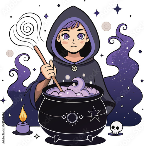 Young witch stirring cauldron with purple potion and wand