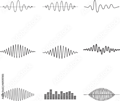 Collection of black sound wave graphics and equalizer bars on white audio waveform