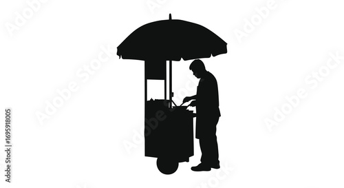 a street vendor under an umbrella selling goods