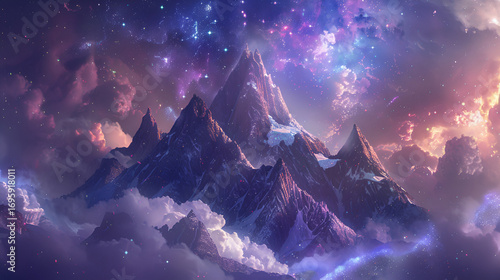 Surreal Cosmic Mountain Peaks Under Starry Sky