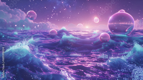 Surreal Glowing Ocean Waves Under Cosmic Sky