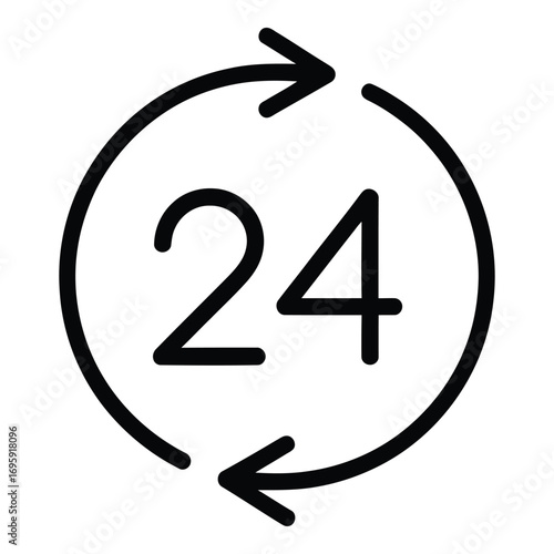 Hour service icon representing availability around the clock with arrows indicating continuous operation for days silhouette