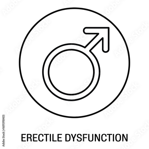 Male symbol representing erectile dysfunction with circle outline and arrow for health and medical issues and problems silhouette