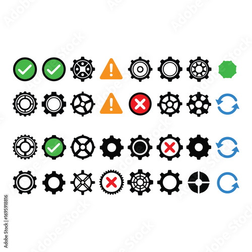 Art of collection of gears, checkmarks, warning signs, and refresh symbols representing settings and process controls isolated on white background