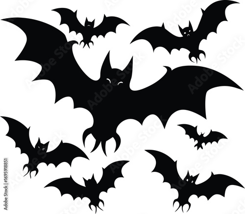 A flock of silhouetted bats flying in formation against a white background for halloween or spooky themes