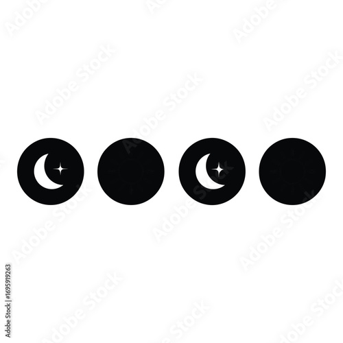 Art of set of icons representing the sun and moon, symbolizing day and night, isolated on white background