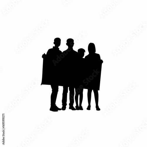 Group silhouette holding banner for safe driving campaign on white background