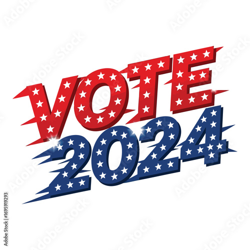 Art of bold text vote 2024 with american flag stars and stripes, isolated on white background