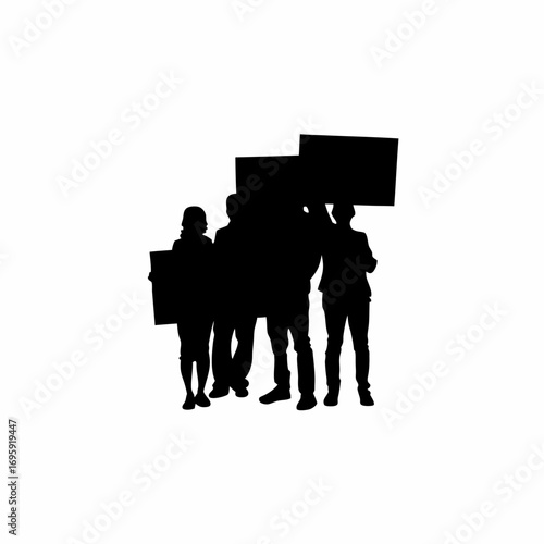 Group silhouette holding protest banners against child labor
