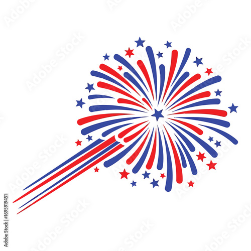 Art of red and blue firework burst with stars and trailing lines, isolated on white background