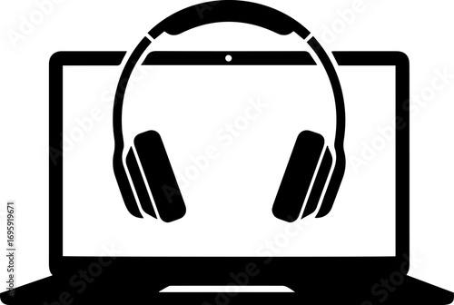 silhouette of a laptop with headphones on top.eps