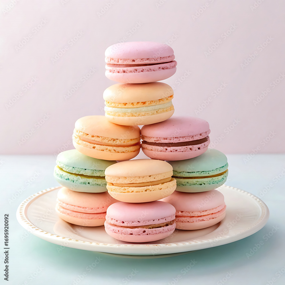 Fototapeta premium A colorful stack of french macarons on a white plate against a soft pink background