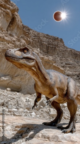 Tyrannosaurus rex in rocky desert landscape with solar eclipse