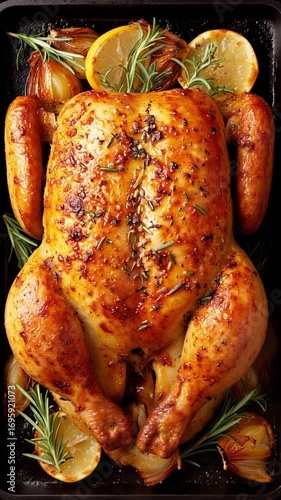 Roast chicken with golden brown skin garnished with fresh rosemary, lemon slices, and roasted onion, savory and aromatic, perfect for festive dinner or family meal, rustic style, juicy and delicious