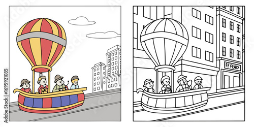 Children in hot air balloon over city street buildings