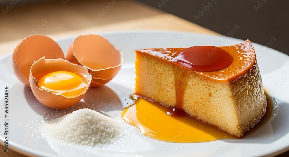 Fototapeta premium Delicious caramel custard ingredients, sweet culinary delight concept photo