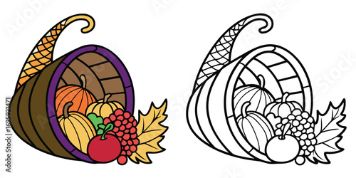 Cornucopia filled with pumpkins grapes and apple horn of plenty