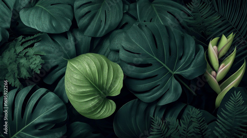 Wallpaper Mural Tropical Monstera and Exotic Leaves with Jungle Flowers – Photorealistic Jungle Foliage Background, Generative AI.  Torontodigital.ca