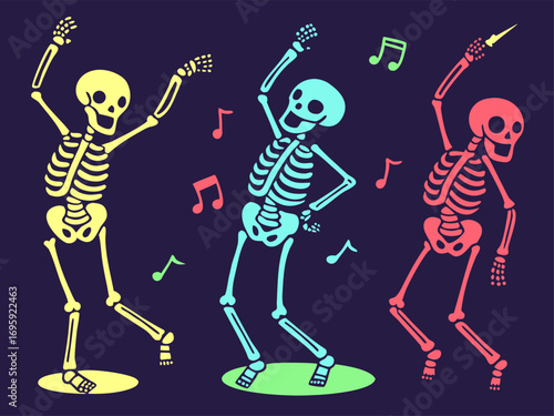 Flat vector illustration of skeletons dancing happily in neon glowing colors, isolated on white background
