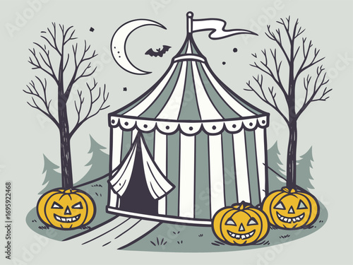 Vector banner design of a spooky carnival tent with eerie decorations, isolated on white background