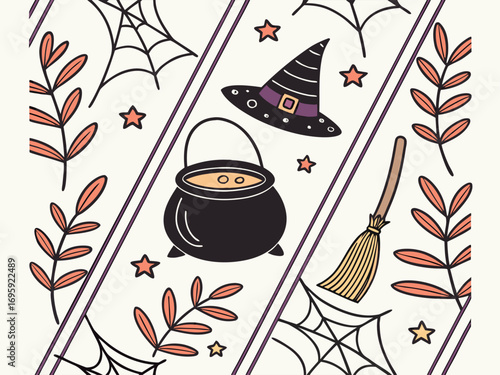 Vector illustration of witch hats, magic broomsticks, and a bubbling cauldron, isolated on white background