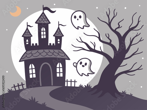 Flat vector illustration of ghosts floating around a spooky haunted house, isolated on white background
