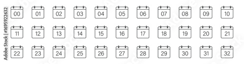 Calendar line icon set. Calendar Days Full Month Set, Dates 1st to 32st. Vector Illustration.
