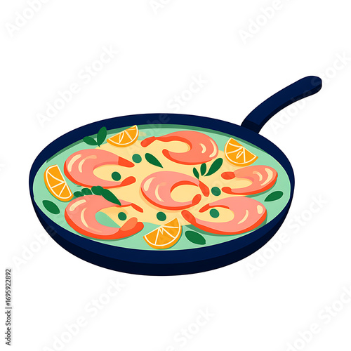 Paella with seafood, Spanish traditional dish, cartoon illustration, isolated on transparent background