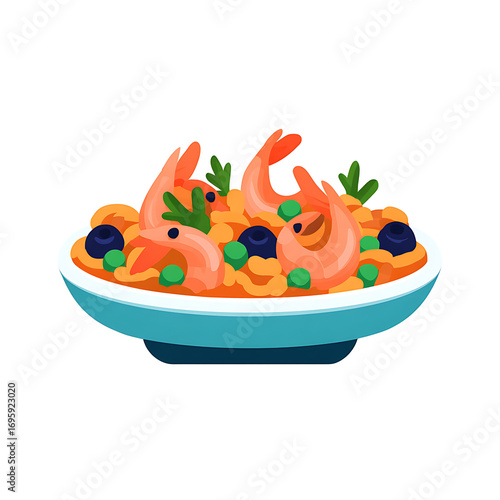 Paella with seafood, Spanish traditional dish, cartoon illustration, isolated on transparent background