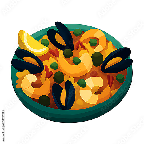 Paella with seafood, Spanish traditional dish, cartoon illustration, isolated on transparent background