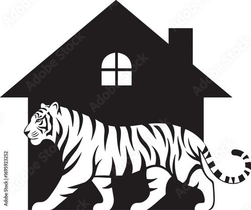 Tiger inside house silhouette, wild animal home concept, vector illustration of tiger and house, creative wildlife design, bold black graphic art