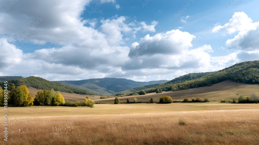 Fototapeta premium Serene autumn meadow with rolling hills and scattered trees