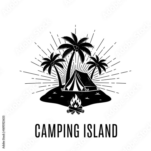 Vintage style illustration of a tropical island campsite with palm trees and tent under a starburst effect isolated on white background