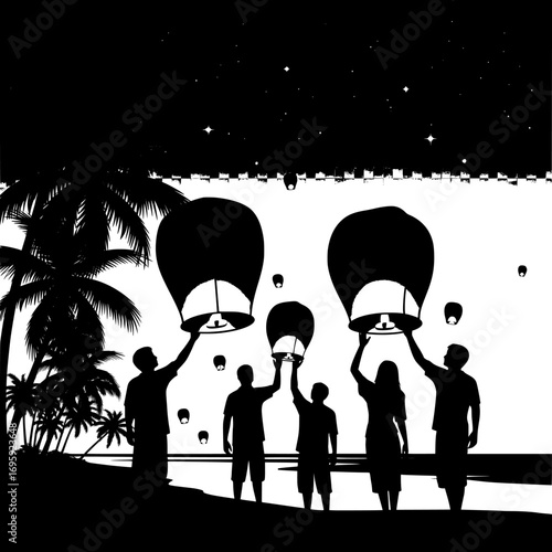 Silhouettes of people holding up illuminated sky lanterns against a starry night sky with palm trees and ocean waves isolated on white background