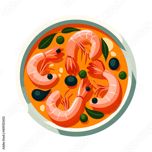 Paella with seafood, Spanish traditional dish, cartoon illustration, isolated on transparent background