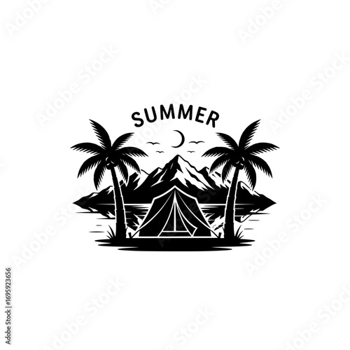 Vintage style illustration of a summer camping scene with palm trees mountains and a tent isolated on white background