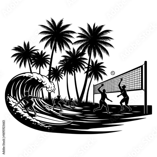 Silhouette of palm trees and a crashing wave with two people playing volleyball on a tropical beach isolated on white background