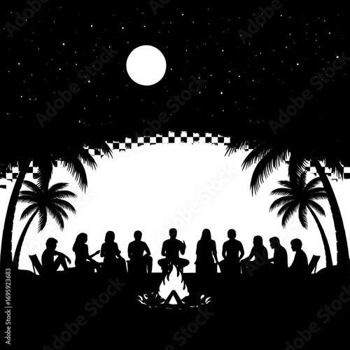 Silhouettes of a diverse group of people gathered around a glowing campfire on a tropical beach under a full moon and starry night sky isolated on white background