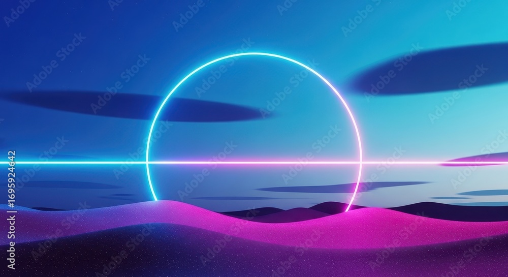Obraz premium Abstract Neon Landscape with Glowing Circle and Desert Dunes