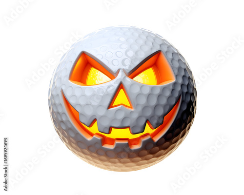 Glowing with orange light jack o lantern golf ball on Halloween