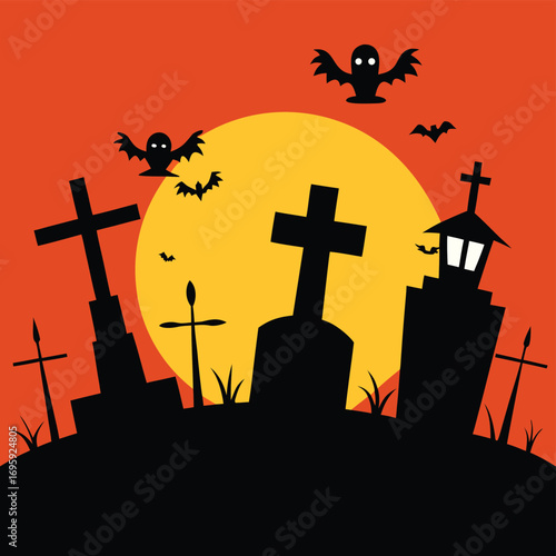Spooky halloween graveyard silhouette with a large full moon and flying bats against an orange sky